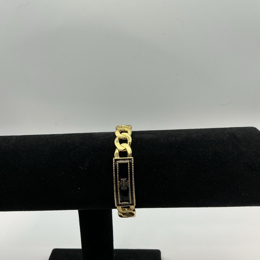 Tory Burch Gold Chain Bracelet with Black Enamel Logo